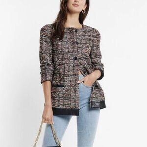 EXPRESS Burgundy Black Metallic Plaid Tweed Boulce Jacket Blazer Small NWT $228